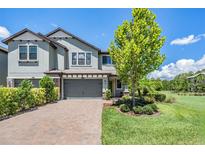 Charming two-story home with a paved driveway and a well-manicured lawn with lush landscaping at 4849 Isola Ct, Wesley Chapel, FL 33543