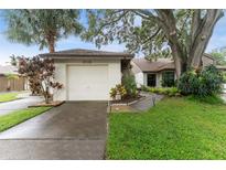 Charming single Gathering home showcasing a well manicured lawn and attached one car garage at 318 Parkside Ln, Safety Harbor, FL 34695