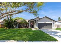 Charming single-story home boasts a well-manicured lawn, mature trees, and an inviting front entrance at 5441 Worthington Loop, Palm Harbor, FL 34685