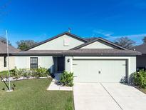 Charming single-story home featuring a well-manicured lawn and a two-car garage at 1107 Brenton Leaf Dr, Ruskin, FL 33570