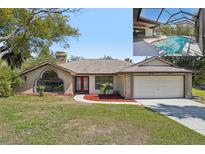Charming single-story home with a manicured front lawn, red mulch accents, and a screened-in pool area at 14048 Bruni Dr, Spring Hill, FL 34609