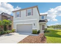 Well-maintained two-story home with neutral siding, an attached garage, and manicured landscaping at 5955 Sweet Birch Dr, Riverview, FL 33578