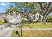 Charming home showcasing a well-manicured lawn, mature trees, and a welcoming two-car garage at 7440 Mint Julep Dr, Riverview, FL 33578