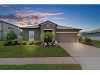 Beautiful single-story home with a well-manicured lawn, mature landscaping and a two-car garage at 18414 Malinche Loop, Spring Hill, FL 34610