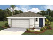 Charming single-Gathering home with a well manicured lawn, attached garage, and a rich, dark-colored front door at 3063 Pink Gerbera Sq, Plant City, FL 33566