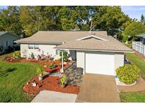 Charming single-story home with a well-manicured lawn, colorful landscaping, and a one-car garage at 1489 Dundee Dr, Palm Harbor, FL 34684