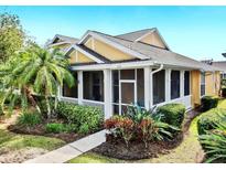 Charming yellow home featuring a screened porch and beautifully landscaped front yard with vibrant plants and palm trees at 203 Oceania Ct, Apollo Beach, FL 33572