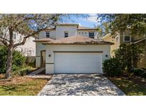 Inviting two-story home featuring a white garage door and neatly maintained landscaping at 2442 Silvermoss Dr, Wesley Chapel, FL 33544