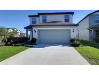 Two-story home showcasing a two-car garage, neutral siding, and a well-maintained front yard at 30226 Merilee Pl, Wesley Chapel, FL 33545