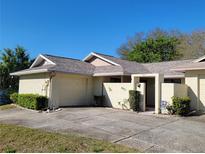 Charming single-story home with a well-manicured lawn and attached garage on a sunny day at 111 Lakeside Colony Dr, Tarpon Springs, FL 34689