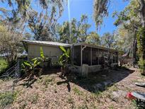 View of backyard with screened porch and several trees providing shade at 30424 Orange Grove Ln, Wesley Chapel, FL 33544