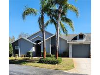 Charming single-story home featuring a two-car garage, well-maintained lawn, and mature palm trees at 7530 Roy Ct, New Port Richey, FL 34654