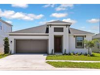 Charming single-story home with a two-car garage, landscaped lawn, and modern architectural details at 12160 Cattleside Dr, Riverview, FL 33579