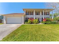 Charming two-story home with a large front yard, two car garage, and red shutters at 15703 Jericho Dr, Odessa, FL 33556