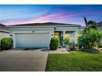 Charming home featuring a well-manicured lawn, a two-car garage, and lush tropical landscaping at 16724 Mooner Plank Cir, Wimauma, FL 33598