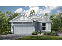 Charming single-Gathering home with a two-car garage, gray siding, and a beautifully landscaped front yard at 29525 Velletri Ln, Wesley Chapel, FL 33543