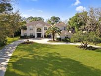 Elegant two-story home with a circular driveway and meticulously maintained lawn at 6413 Maclaurin Dr, Tampa, FL 33647