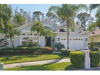 Charming single-story home with lush landscaping, mature palm trees, and a well-maintained lawn at 10425 Canary Isle Dr, Tampa, FL 33647