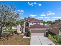 Inviting two-story home with a manicured lawn and a spacious two-car garage, nestled under a bright, partly cloudy sky at 12802 Lake Vista Dr, Gibsonton, FL 33534