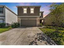 Two-story home showcasing a neutral color scheme, well-kept lawn, and a spacious two-car garage at 30753 Penny Surf Loop, Wesley Chapel, FL 33545