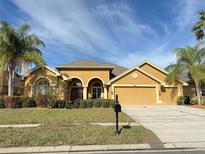 Charming home with a well-manicured lawn, arched entryway, and a three-car garage, exuding curb appeal at 23523 Gracewood Cir, Land O Lakes, FL 34639