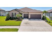 Charming single-story home features a well-manicured lawn, a three-car garage, and lush landscaping at 13822 Carlow Park Dr, Riverview, FL 33579