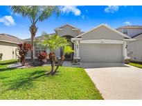 Charming single-story home with well-manicured lawn, landscaping, and attached two-car garage at 15414 Fire Rock Pl, Ruskin, FL 33573