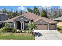 Charming single-story home with a well-manicured lawn and a three-car garage at 3033 Marble Crest Dr, Land O Lakes, FL 34638