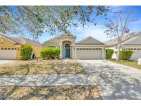 Charming single story home with a two car garage, a manicured front yard, and shade trees at 8714 Sandy Plains Dr, Riverview, FL 33578