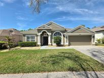 Charming single-story home with well-manicured lawn and classic architectural details at 1227 Big Creek Dr, Wesley Chapel, FL 33544