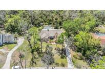 Gorgeous aerial view of a home featuring a pool and lush greenery at 401 Apache Trl, Brandon, FL 33511
