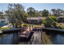 Waterfront home with a private wooden dock and boat lift, surrounded by lush tropical landscaping at 6804 Sea Gull S Dr, St Petersburg, FL 33707