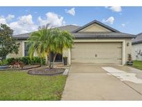 Charming single-story home featuring a well-manicured lawn, mature landscaping, and a two-car garage at 14407 Alistar Manor Dr, Wimauma, FL 33598
