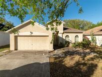 Charming home featuring a two-car garage, arched windows, neutral stucco and a well-kept lawn at 904 Grand Canyon Dr, Valrico, FL 33594