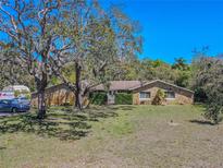 Charming stone facade home with mature trees and a spacious front lawn at 10100 Grove Dr, Port Richey, FL 34668