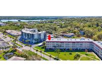 An aerial view of the condo complex, showcasing the beautiful lake and surrounding green landscape at 9950 62Nd N Ter # 319, St Petersburg, FL 33708