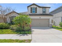 Charming two-story home with a well-manicured front yard and a two-car garage and driveway at 12377 Streambed Dr, Riverview, FL 33579