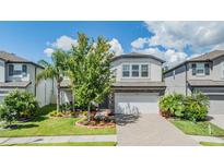 Beautiful two-story home featuring a paver driveway, stone accents, and mature landscaping at 19445 Redwood Point Dr, Tampa, FL 33647