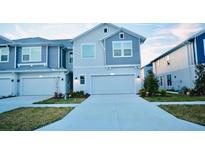 Charming two-story townhouse with blue and white exterior, attached garage, and well-maintained lawn at 17213 Balance Cv, Land O Lakes, FL 34638