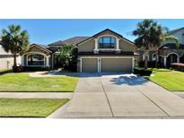 Stunning two-story home featuring a manicured lawn, mature palms and a spacious three-car garage at 2706 Colewood Ln, Dover, FL 33527