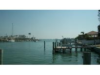 Scenic waterfront view featuring calm water, docks, and tropical trees under a clear sky at 390 Belle Point Dr, St Pete Beach, FL 33706