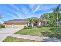 Stunning single-story home featuring an arched entryway, manicured lawn, and a spacious three-car garage at 2905 Hillside Ramble Dr, Brandon, FL 33511