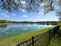 Scenic view of a community pond reflecting the sky, framed by lush greenery and a wrought iron fence at 30423 Ceasar Park Dr, Wesley Chapel, FL 33543