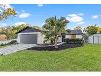 Charming single-story home featuring a well-manicured lawn, modern garage door, and attractive landscaping at 398 Walnut Ct, Palm Harbor, FL 34683