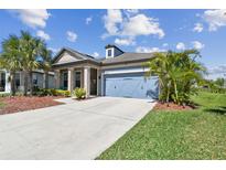 Charming single-story home featuring a blue garage door, well-manicured lawn, and tropical landscaping at 8100 Olive Brook Dr, Wesley Chapel, FL 33545