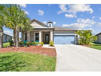 Charming single-Gathering home with blue garage door, beautiful landscaping, and curb appeal at 8100 Olive Brook Dr, Wesley Chapel, FL 33545