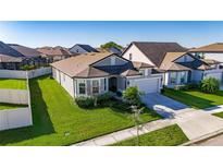 Well maintained gray single Gathering home with beautiful landscaping and a two-car garage at 9748 Ibis Grove Blvd, Wesley Chapel, FL 33545