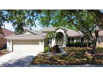Charming single-story home with a well-manicured lawn, mature trees, and an attached two-car garage at 7123 Colonial Lake Dr, Riverview, FL 33578