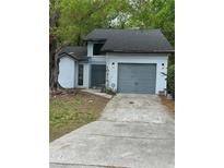 Charming home featuring a gray two-car garage, modern lighting and mature trees at 10216 N Pawnee Ave, Tampa, FL 33617