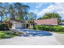 Charming single-story home featuring a spacious driveway, attached garage, and lush landscaping at 2462 Indian E Trl, Palm Harbor, FL 34683